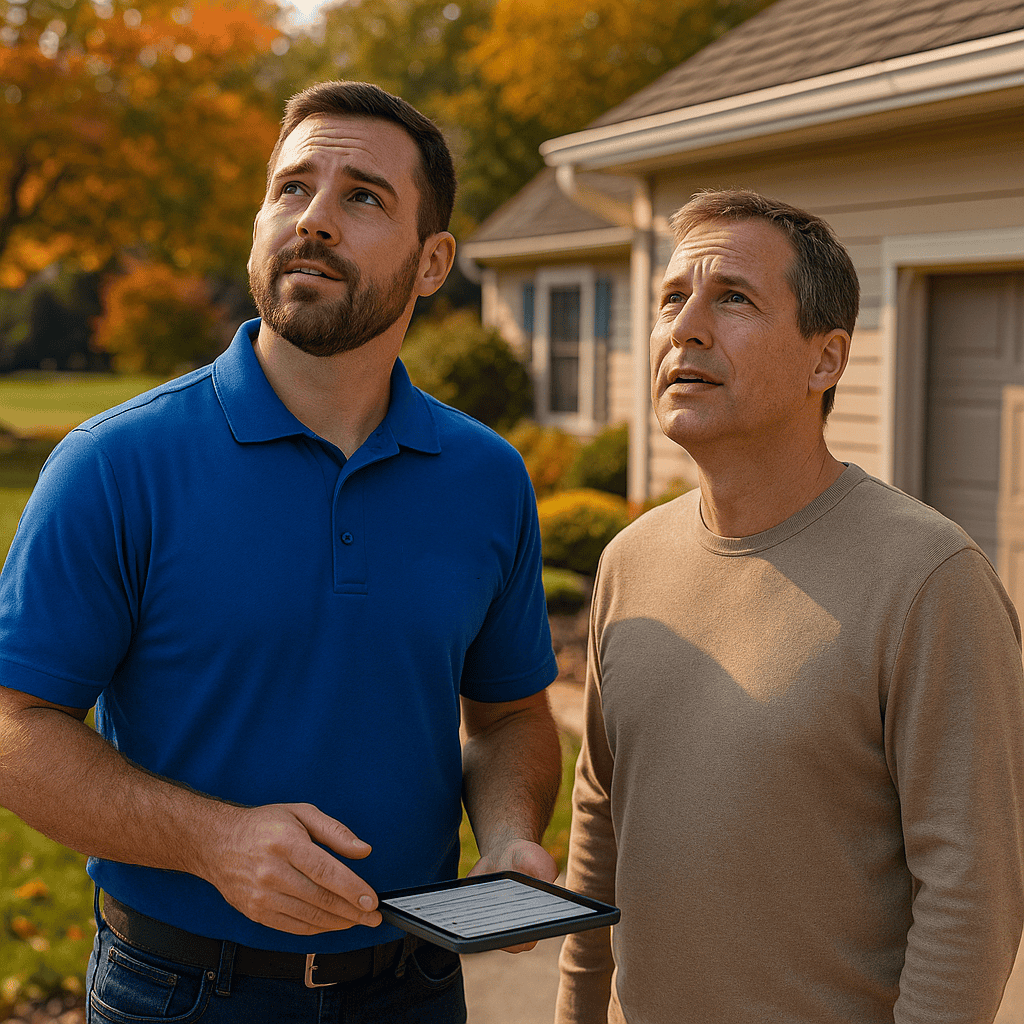 Two men stand in a front yard looking up toward a roofline, one in a blue polo shirt pointing, orange autumn trees glowing behind a house with white gutters.