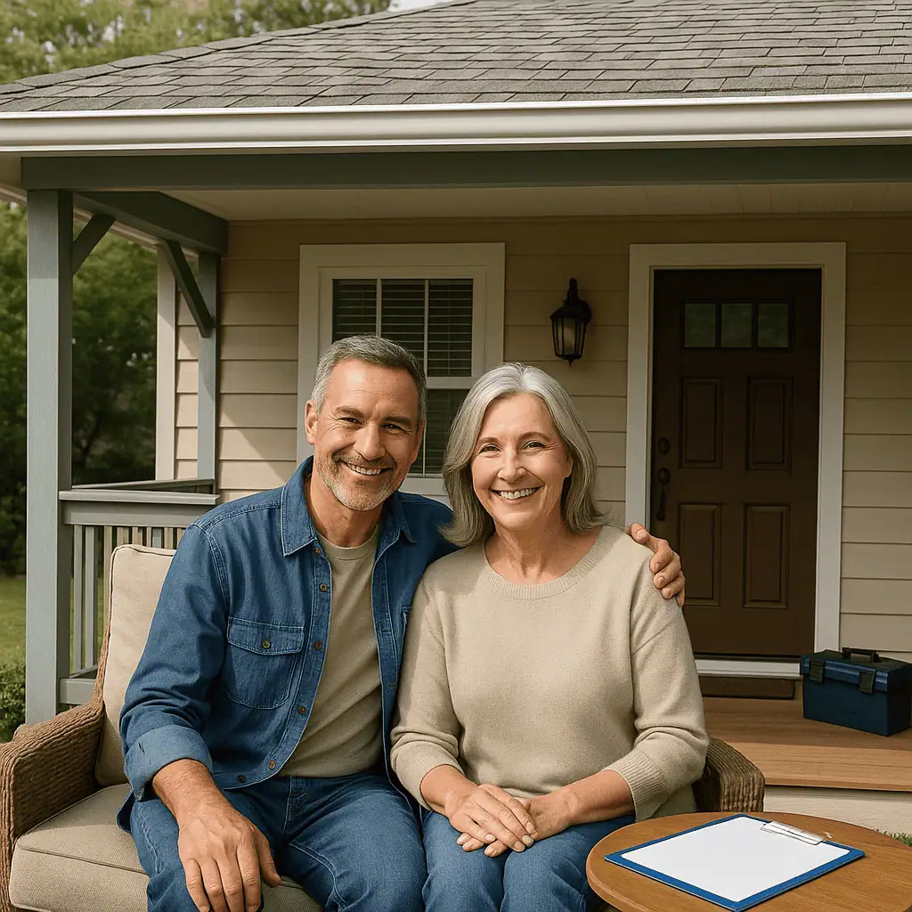 An older couple sits together on a wicker porch sofa, smiling, with an inspection clipboard on the side table and a blue toolbox near the front door behind them.
