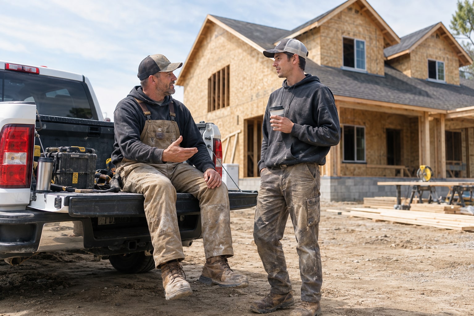 An older builder sits on the tailgate of a white pickup mid-sentence, talking with a younger crew member holding a coffee cup, a half-framed house behind them.