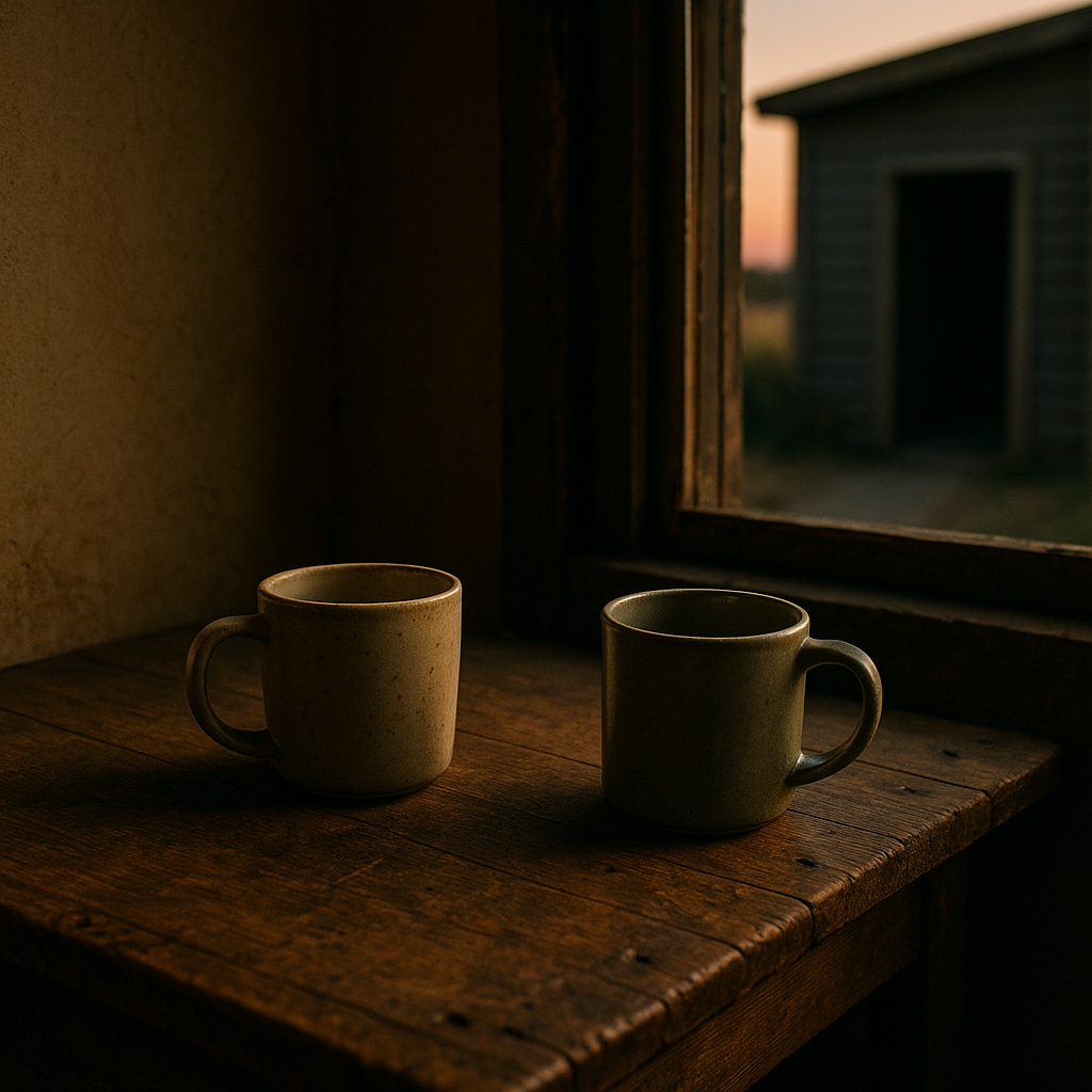Two mugs on a weathered wood ledge beside a window at sunset, an outbuilding across the yard beyond the glass.
