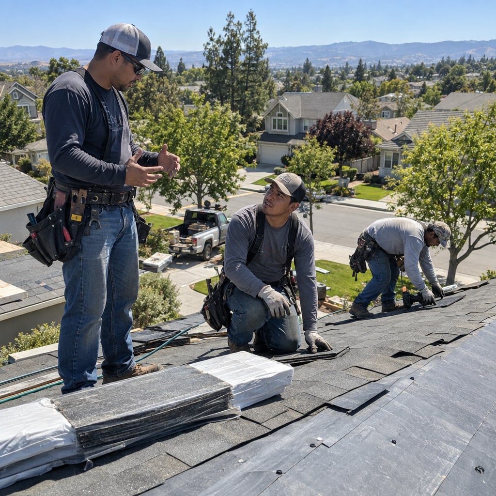 A roofer stands on a shingled roof talking with a kneeling crew member while a third works behind them, a neighbourhood and low hills beyond.