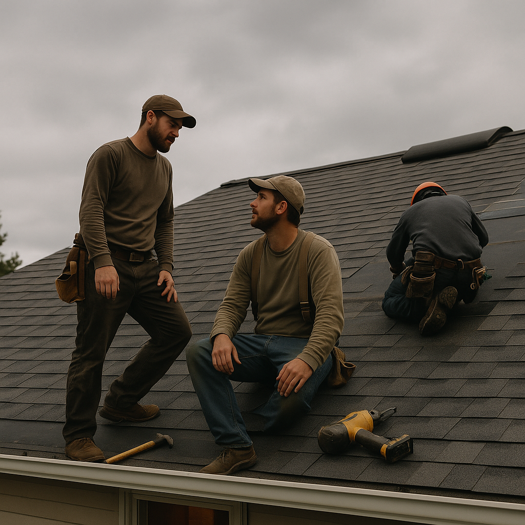Two roofers pausing mid-job to talk on a shingled roof while a third works behind them.